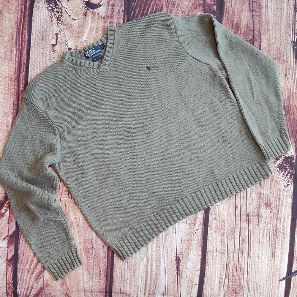 Vtg Olive Green Heather Heavy Wheat Knit Cotton Sweater Excellent Condition